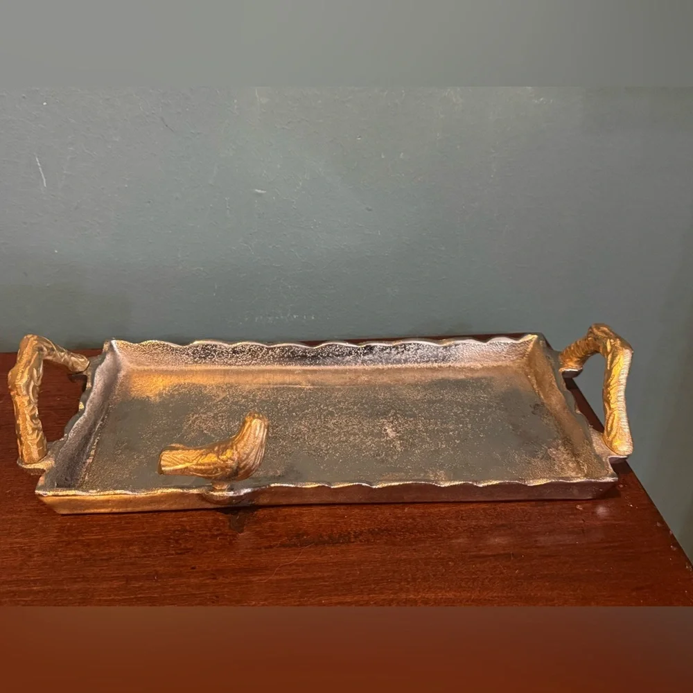 Elegant Silver and Gold Metal Rectangular Tray with Bird and Branch Handles